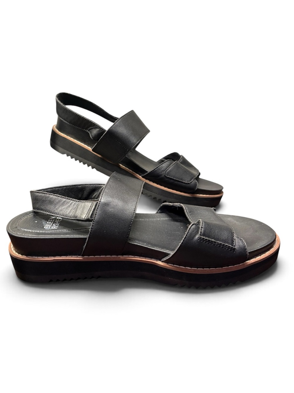 Eileen Fisher Black Leather Platform Slingback Sandals with Contrasting Trim